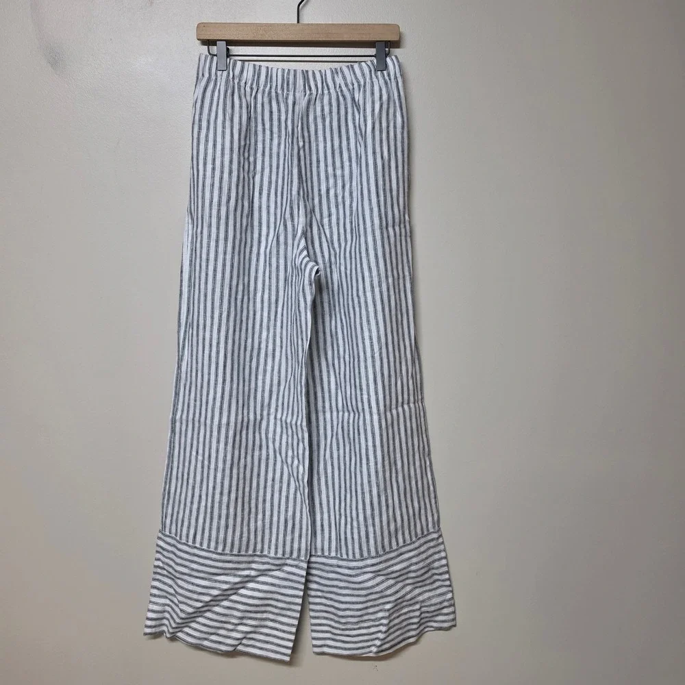 Reformation Green White Striped Linen Wide Leg Pants Elastic Waist Small